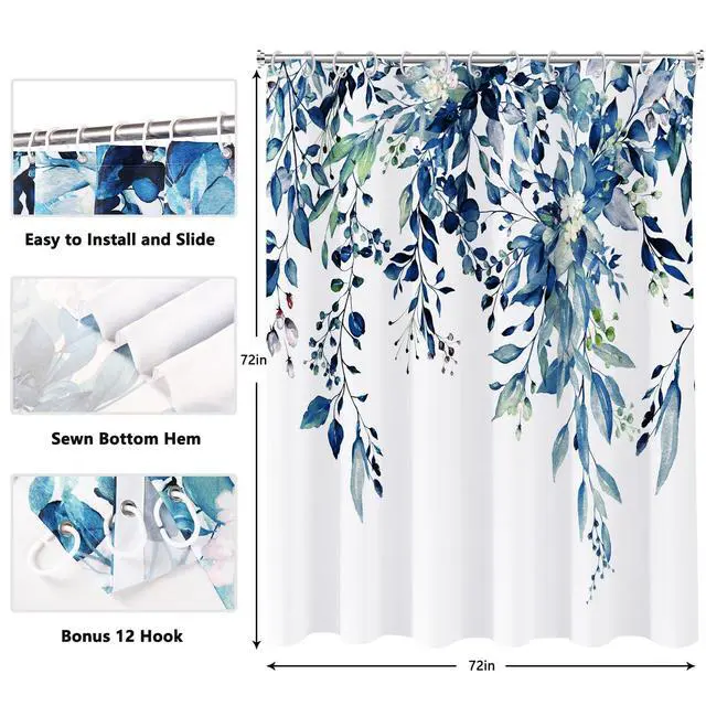 Alt view image 6 of 7 - Shower Curtain Blue Eucalyptus Shower Curtains for Bathroom, Watercolor Leaf Shower Curtain Sets Waterproof Plant Shower Curtain Leaves Fabric Cloth Bathroom Curtains 72x72 inch with Hooks