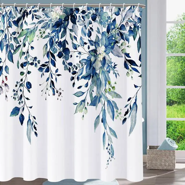 Alt view image 7 of 7 - Shower Curtain Blue Eucalyptus Shower Curtains for Bathroom, Watercolor Leaf Shower Curtain Sets Waterproof Plant Shower Curtain Leaves Fabric Cloth Bathroom Curtains 72x72 inch with Hooks