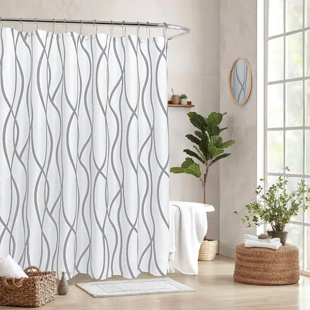 Main image of Textured Fabric Shower Curtain 72 Inches by 72 Inches, Silver Grey Striped Printed Linen Modern Hotel Luxury Quality Cloth Bathroom Curtains Machine Washable