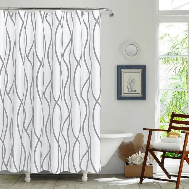 Alt view image 2 of 7 - Textured Fabric Shower Curtain 72 Inches by 72 Inches, Silver Grey Striped Printed Linen Modern Hotel Luxury Quality Cloth Bathroom Curtains Machine Washable