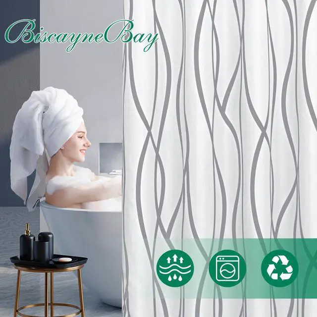 Alt view image 3 of 7 - Textured Fabric Shower Curtain 72 Inches by 72 Inches, Silver Grey Striped Printed Linen Modern Hotel Luxury Quality Cloth Bathroom Curtains Machine Washable