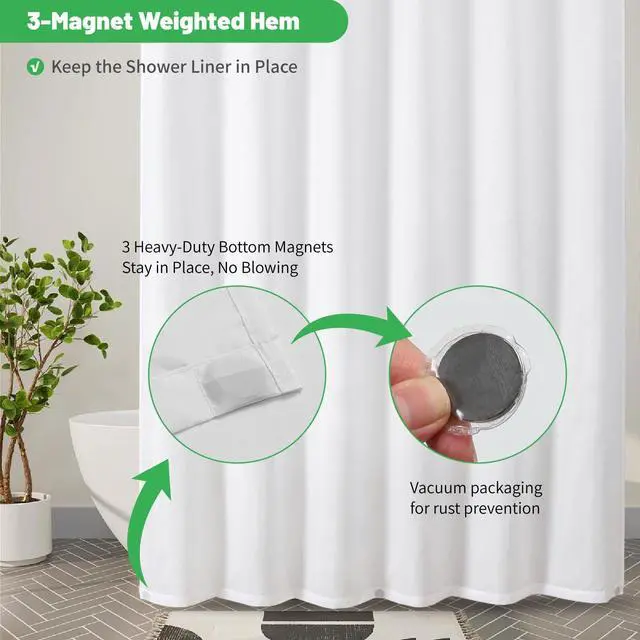 Alt view image 7 of 7 - Waterproof Fabric Shower Curtain Liner with 3 Heavy-Duty Magnets - Washable White Shower Liner with Rustproof Grommets,Hotel Quality Lightweight Shower Curtains for Bathroom,72x72 inches