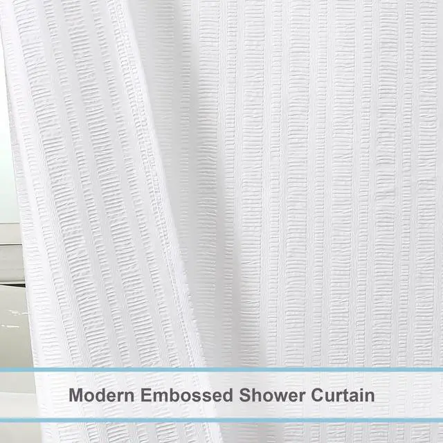 Alt view image 2 of 7 - Moga White Shower Curtain, Embossed Textured Fabric Shower Curtain for Bathroom - Soft Cloth & Hotel Spa Luxury, Water Repellent, Machine Washable, 72X72, White