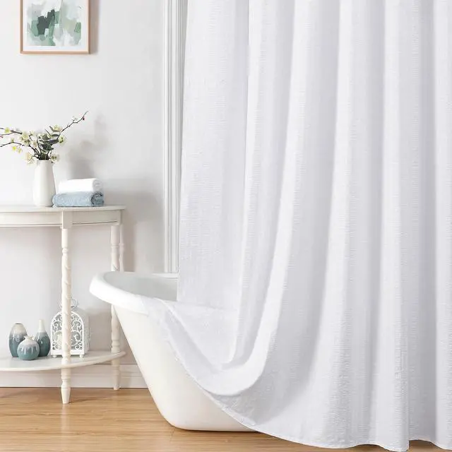 Alt view image 7 of 7 - Moga White Shower Curtain, Embossed Textured Fabric Shower Curtain for Bathroom - Soft Cloth & Hotel Spa Luxury, Water Repellent, Machine Washable, 72X72, White