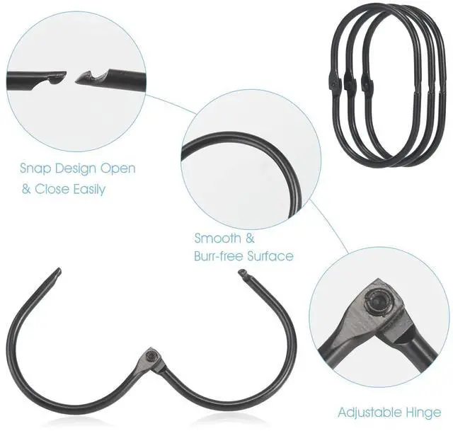 Alt view image 4 of 7 - Shower Curtain Rings, Metal Black Shower Curtain Hooks, Oval Snap Shower Rings for Curtain, Shower Curtain Rings Rust Proof, Glide Smoothly Shower Hooks for Shower Curtain Rod (Black)