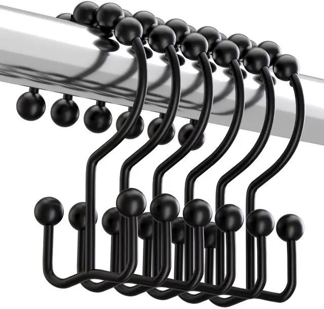 Main image of Black Shower Curtain Hooks Rings, Rust-Resistant Metal Double Glide Shower Hooks for Bathroom Shower Rods Curtains, Set of 12 Hooks - Matte Black