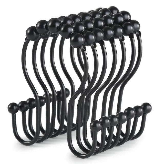 Main image of Shower Curtain Hooks, 12 Pcs Shower Curtain Rings, Stainless Steel Black Shower Curtain Hooks, Shower Curtain Rings Rust Proof, Smooth Sliding Anti-Drop Double Shower Rings for Curtain (Black)