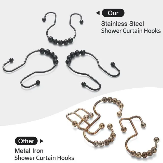 Alt view image 3 of 7 - Shower Curtain Hooks, 12 Pcs Shower Curtain Rings, Stainless Steel Black Shower Curtain Hooks, Shower Curtain Rings Rust Proof, Smooth Sliding Anti-Drop Double Shower Rings for Curtain (Black)