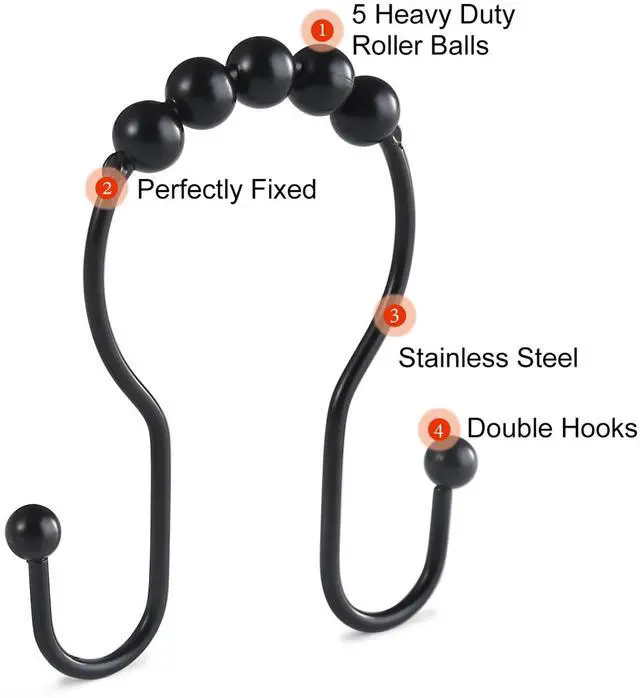 Alt view image 6 of 7 - Shower Curtain Hooks, 12 Pcs Shower Curtain Rings, Stainless Steel Black Shower Curtain Hooks, Shower Curtain Rings Rust Proof, Smooth Sliding Anti-Drop Double Shower Rings for Curtain (Black)