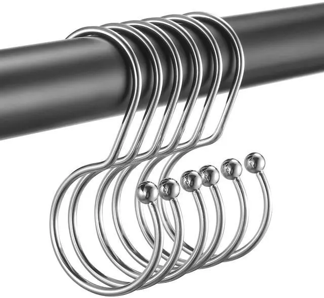 Main image of Shower Curtain Hooks, Anti-Fall S-Shaped Shower Curtain Ring, Decorative Silver Shower Curtain Hooks Rings Rust Proof Shower Rings for Curtain, Shower Hooks for Shower Curtain, 12 Pack, Chrome