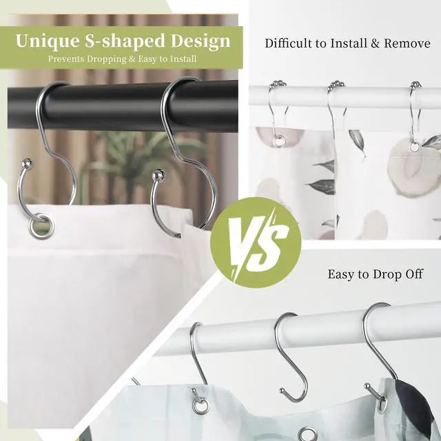 Alt view image 3 of 7 - Shower Curtain Hooks, Anti-Fall S-Shaped Shower Curtain Ring, Decorative Silver Shower Curtain Hooks Rings Rust Proof Shower Rings for Curtain, Shower Hooks for Shower Curtain, 12 Pack, Chrome