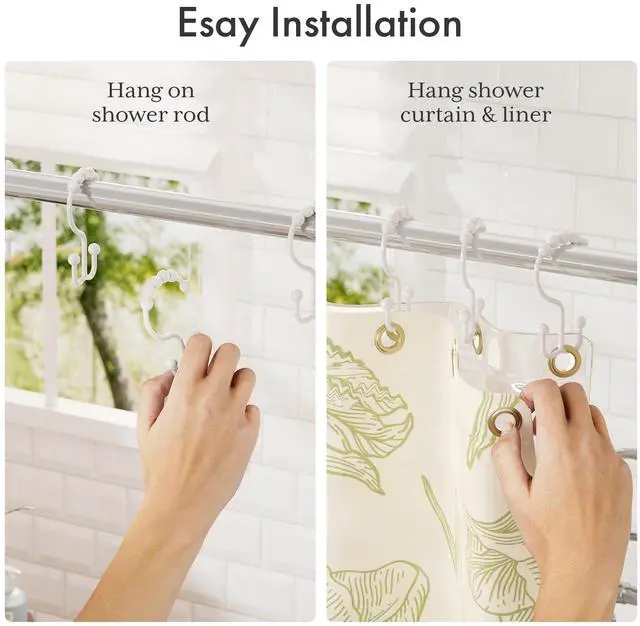 Alt view image 5 of 7 - Plastic Shower Curtain Hooks, Double Shower Curtain Rings, Shower Rings for Shower Curtain, White Shower Hooks for Curtain Liner Bathroom - 12 Pcs