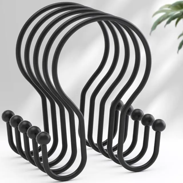 Main image of Shower Curtain Hooks Black Shower Curtain Rings, Simple Double Hook Shower Curtain Hooks Rust Proof, Smooth Sturdy Metal Shower Hooks for Shower Curtain Rod, 12 Pcs Shower Rod Hooks