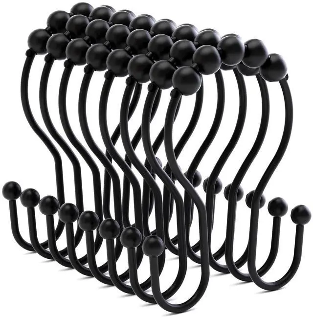 Main image of Shower Curtain Hooks Shower Curtain Rings Black Shower Curtain Hooks RustProof Smooth Metal Double Shower Curtain Hook, Shower Hooks for Shower Curtain Liner Bathroom Shower Rod Hook