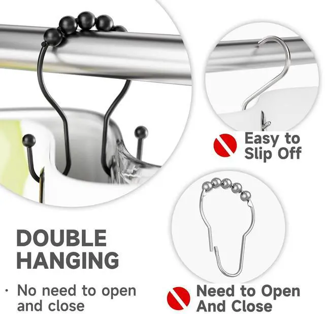 Alt view image 3 of 6 - Shower Curtain Hooks Shower Curtain Rings Black Shower Curtain Hooks RustProof Smooth Metal Double Shower Curtain Hook, Shower Hooks for Shower Curtain Liner Bathroom Shower Rod Hook