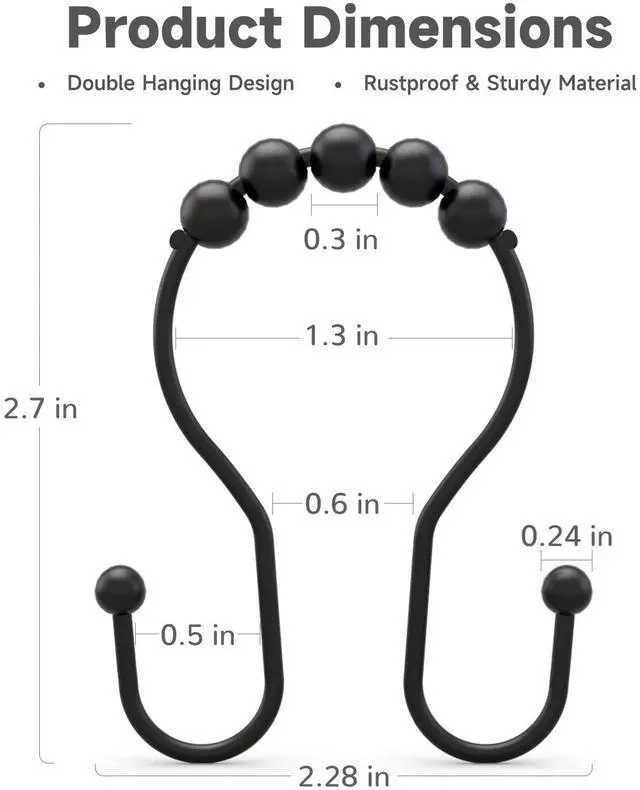 Alt view image 4 of 6 - Shower Curtain Hooks Shower Curtain Rings Black Shower Curtain Hooks RustProof Smooth Metal Double Shower Curtain Hook, Shower Hooks for Shower Curtain Liner Bathroom Shower Rod Hook