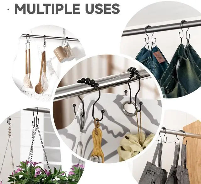 Alt view image 6 of 6 - Shower Curtain Hooks Shower Curtain Rings Black Shower Curtain Hooks RustProof Smooth Metal Double Shower Curtain Hook, Shower Hooks for Shower Curtain Liner Bathroom Shower Rod Hook