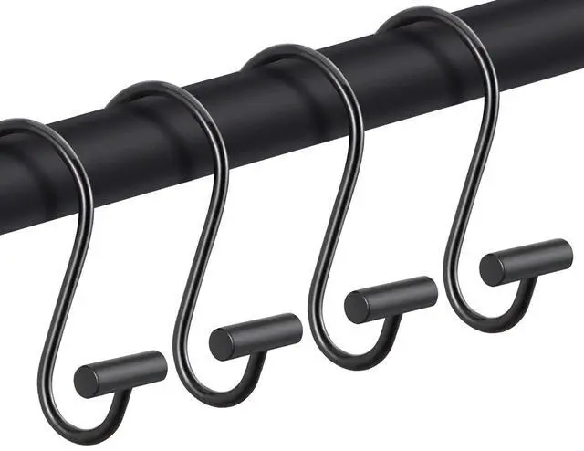 Main image of Black Shower Curtain Hooks Rings, Decorative for Bathroom Shower Rods, Set of 12 Premium Rust-Resistant Metal Hooks Hangers T Shaped Design