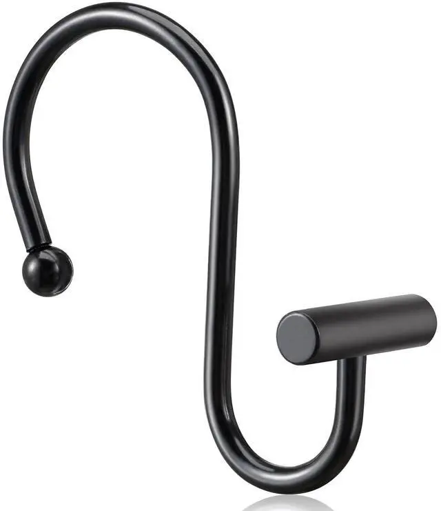Alt view image 2 of 6 - Black Shower Curtain Hooks Rings, Decorative for Bathroom Shower Rods, Set of 12 Premium Rust-Resistant Metal Hooks Hangers T Shaped Design