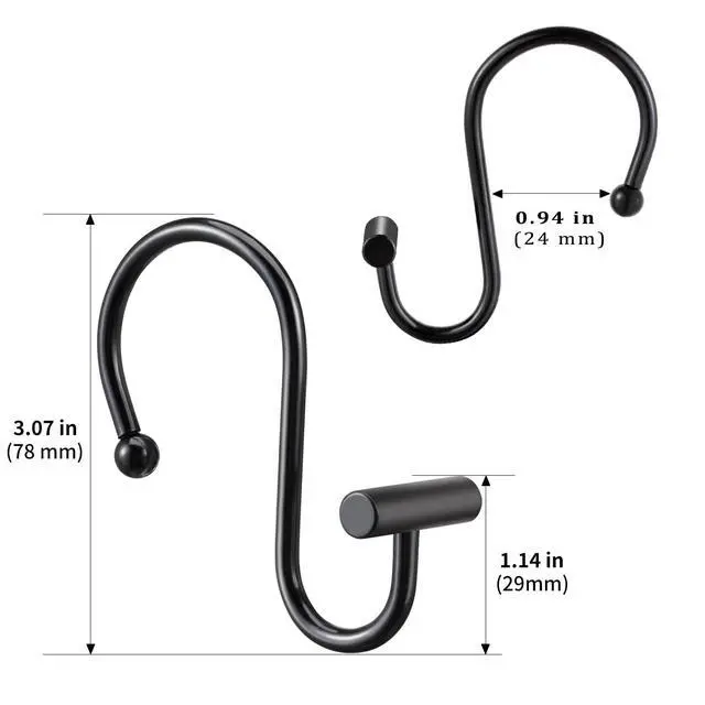 Alt view image 6 of 6 - Black Shower Curtain Hooks Rings, Decorative for Bathroom Shower Rods, Set of 12 Premium Rust-Resistant Metal Hooks Hangers T Shaped Design