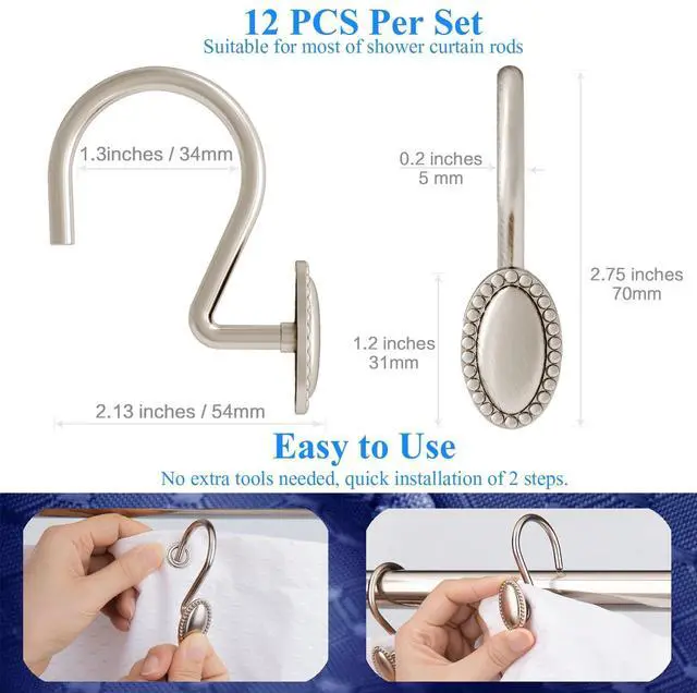 Alt view image 6 of 6 - Brushed Nickel Shower Curtain Hooks, Zinc Alloy Heavy Duty Rings for Bathroom Rod
