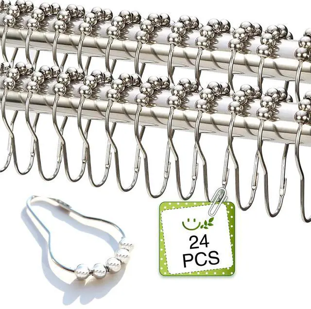 Main image of 24 Pieces Stainless Steel Shower Curtain Hooks and Rings Set - Polished Nickel, Lightweight and Durable for Bathroom Curtain Rollers and Shower Curtain Rods, Metal Shower Curtain Rings