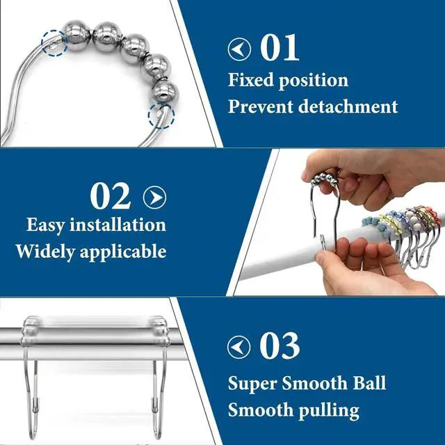 Alt view image 3 of 6 - 24 Pieces Stainless Steel Shower Curtain Hooks and Rings Set - Polished Nickel, Lightweight and Durable for Bathroom Curtain Rollers and Shower Curtain Rods, Metal Shower Curtain Rings