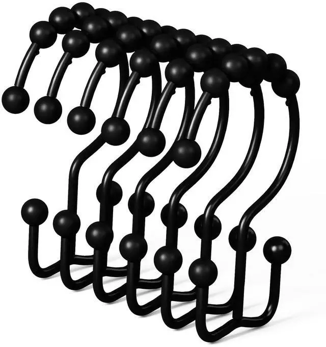 Main image of Shower Curtain Hooks Rings, Rust Proof Hooks, Metal Easy Glide Double Shower Rings Hooks, Stainless Steel Shower Curtain Hangers for Bathroom Shower Curtains, Set of 12 Hooks, Matte Black