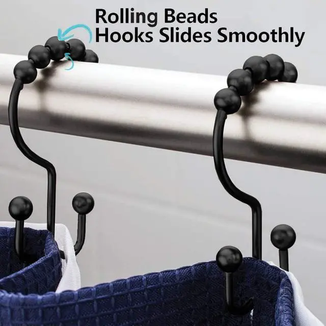 Alt view image 2 of 7 - Shower Curtain Hooks Rings, Rust Proof Hooks, Metal Easy Glide Double Shower Rings Hooks, Stainless Steel Shower Curtain Hangers for Bathroom Shower Curtains, Set of 12 Hooks, Matte Black