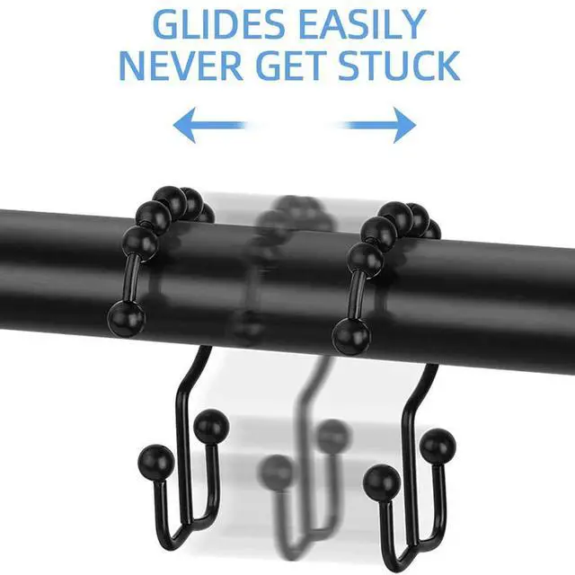 Alt view image 3 of 7 - Shower Curtain Hooks Rings, Rust Proof Hooks, Metal Easy Glide Double Shower Rings Hooks, Stainless Steel Shower Curtain Hangers for Bathroom Shower Curtains, Set of 12 Hooks, Matte Black