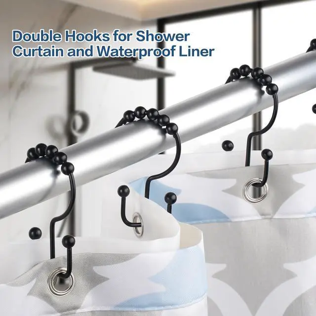 Alt view image 4 of 7 - Shower Curtain Hooks Rings, Rust Proof Hooks, Metal Easy Glide Double Shower Rings Hooks, Stainless Steel Shower Curtain Hangers for Bathroom Shower Curtains, Set of 12 Hooks, Matte Black