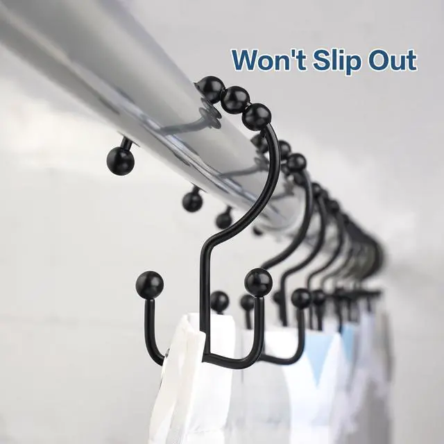 Alt view image 7 of 7 - Shower Curtain Hooks Rings, Rust Proof Hooks, Metal Easy Glide Double Shower Rings Hooks, Stainless Steel Shower Curtain Hangers for Bathroom Shower Curtains, Set of 12 Hooks, Matte Black