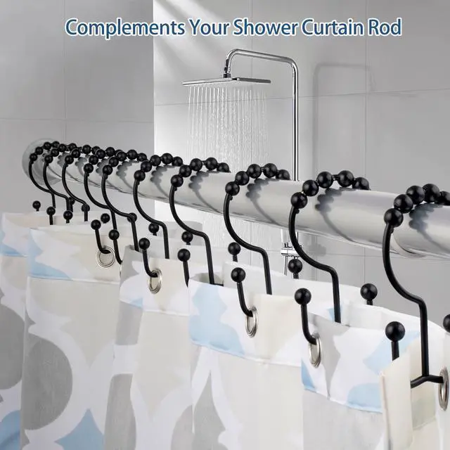 Alt view image 5 of 7 - Shower Curtain Hooks Rings, Rust Proof Hooks, Metal Easy Glide Double Shower Rings Hooks, Stainless Steel Shower Curtain Hangers for Bathroom Shower Curtains, Set of 12 Hooks, Matte Black