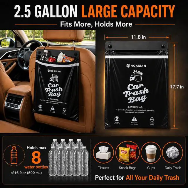 Alt view image 2 of 7 - 50PCS 1 Pack Car Trash Bags, 2.5 Gal Disposable Garbage Bags for Car, SUV, Truck and RV, Leak-Resistant Odor-Control Bags, Stick-On or Headrest Mount, Alternative to Car Trash Can, Black