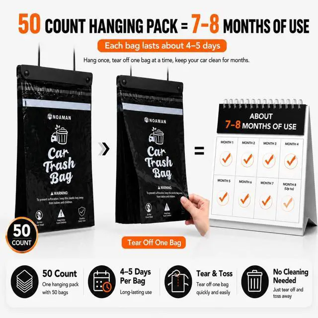 Alt view image 3 of 7 - 50PCS 1 Pack Car Trash Bags, 2.5 Gal Disposable Garbage Bags for Car, SUV, Truck and RV, Leak-Resistant Odor-Control Bags, Stick-On or Headrest Mount, Alternative to Car Trash Can, Black