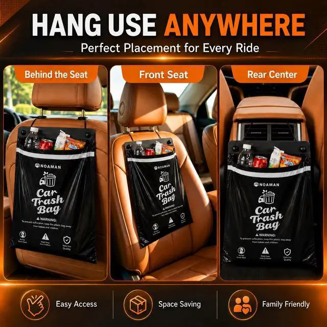Alt view image 7 of 7 - 50PCS 1 Pack Car Trash Bags, 2.5 Gal Disposable Garbage Bags for Car, SUV, Truck and RV, Leak-Resistant Odor-Control Bags, Stick-On or Headrest Mount, Alternative to Car Trash Can, Black