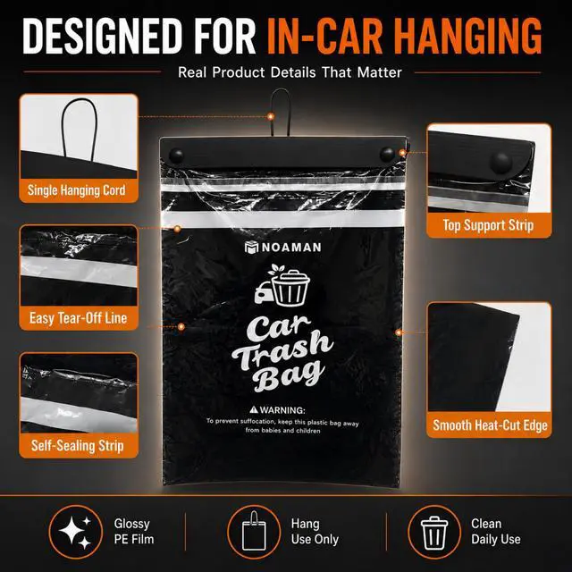 Alt view image 4 of 7 - 50PCS 1 Pack Car Trash Bags, 2.5 Gal Disposable Garbage Bags for Car, SUV, Truck and RV, Leak-Resistant Odor-Control Bags, Stick-On or Headrest Mount, Alternative to Car Trash Can, Black
