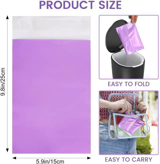 Alt view image 5 of 7 - Disposal Sanitary Napkin Bags, 100 Pcs, Purple Disposable Plastic trash bag with Self-sealing for Odor-proof, disposal of Feminine Hygiene or Pet Waste, 10" x 6"