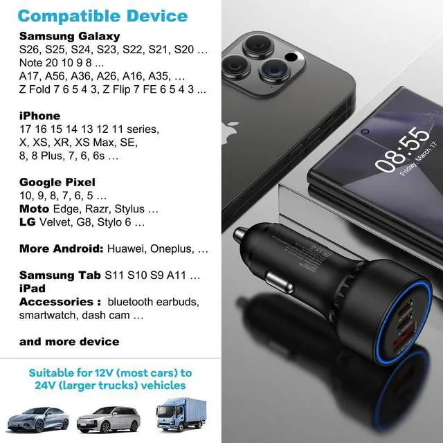 Alt view image 6 of 7 - Multi 3 Ports Fast Car Charger Adapter 12V Auto Vehicle Plug - USB C & USB A Quick Charging - Cigarette Lighter Cell Phone Automobile Charger for iPhone 17 Pro Max Air 17e 16e 16 15, Samsung S26