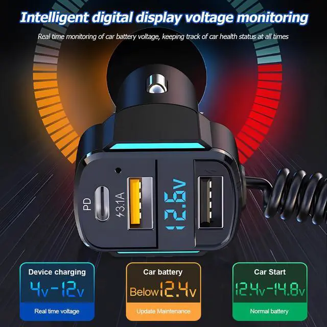 Alt view image 2 of 5 - USB C Car Charger, 3-Port Fast Car Charger PD3.0 & QC3.0 with LED Digital Display, Cigarette Lighter Fast Charging Adapter Compatible with iPhone Android Most Cell Phones (3 USB Ports)