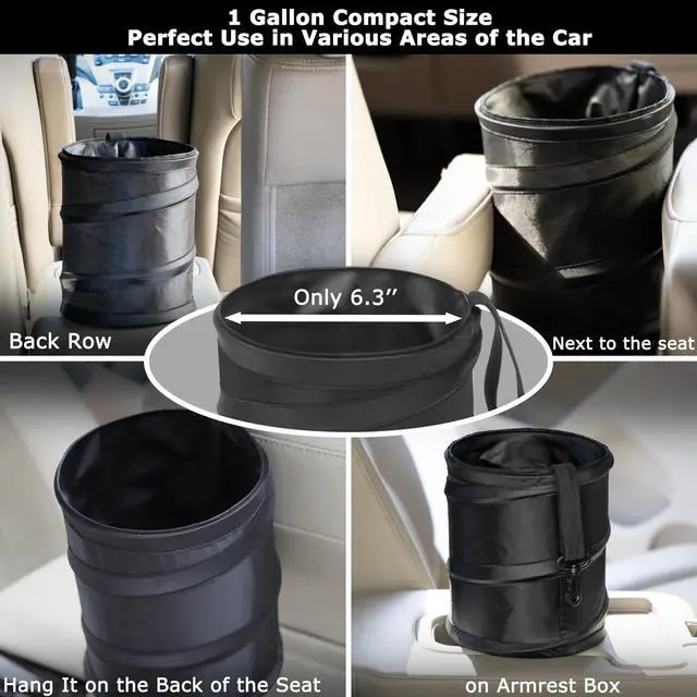 Alt view image 3 of 7 - 2Packs New Leakproof Car Trash Can, Mini Trash Can Pop-up Collapsible Hanging Car Trash Bin with Hook and Loop, Waterproof PEVA Liner Open-Top 1 Gallon Garbage Can for Cars Home Office