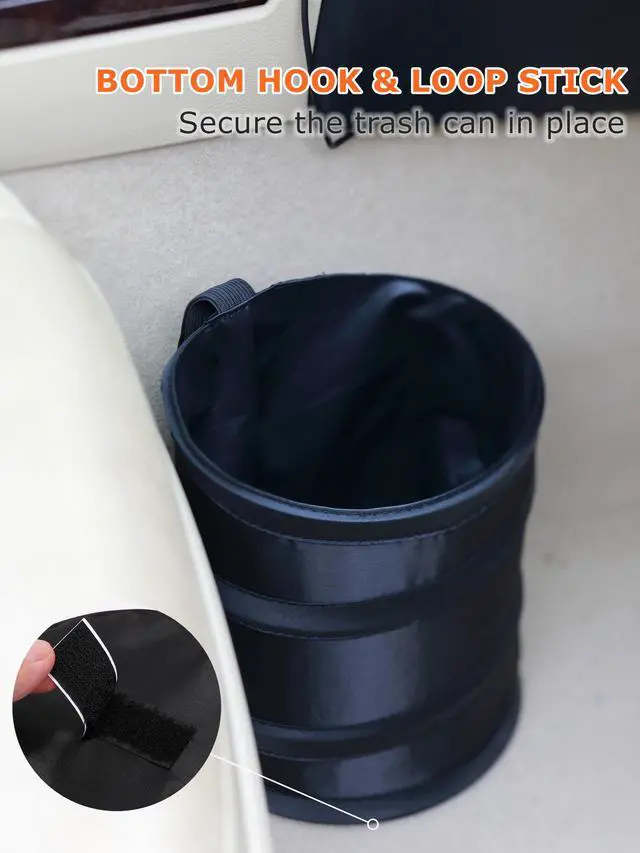 Alt view image 7 of 7 - 2Packs New Leakproof Car Trash Can, Mini Trash Can Pop-up Collapsible Hanging Car Trash Bin with Hook and Loop, Waterproof PEVA Liner Open-Top 1 Gallon Garbage Can for Cars Home Office