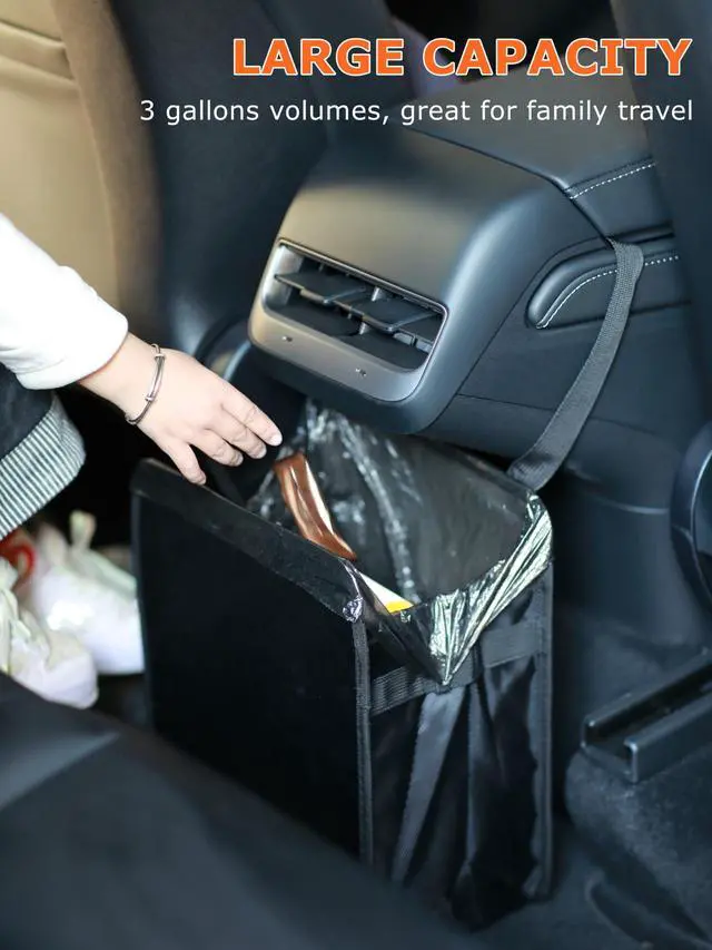 Alt view image 2 of 7 - 3 Gallons Open-Top Car Trash Can, Large Capacity Hanging Leakproof Car Trash Bag with Water-proof PEVA Liner, Stand Trash Bag for Cars Foldable Storage Bag for Cars SUV Truck RV Black