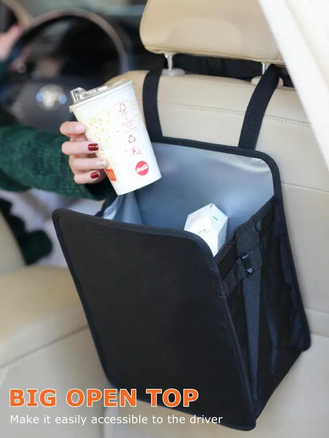 Alt view image 3 of 7 - 3 Gallons Open-Top Car Trash Can, Large Capacity Hanging Leakproof Car Trash Bag with Water-proof PEVA Liner, Stand Trash Bag for Cars Foldable Storage Bag for Cars SUV Truck RV Black