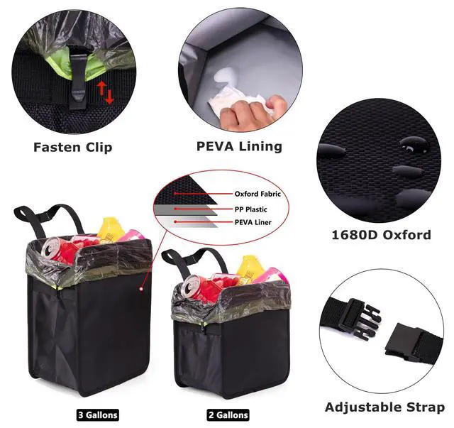 Alt view image 7 of 7 - 3 Gallons Open-Top Car Trash Can, Large Capacity Hanging Leakproof Car Trash Bag with Water-proof PEVA Liner, Stand Trash Bag for Cars Foldable Storage Bag for Cars SUV Truck RV Black