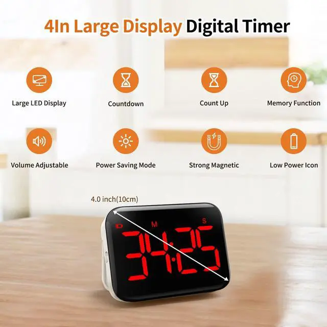 Alt view image 2 of 7 - Magnetic Kitchen Timer for Cooking with Count Up Countdown, Digital Timer Battery Powered with Large Display, 2 Brightness and Volume Levels for Classroom, Teacher, Kids (Red)