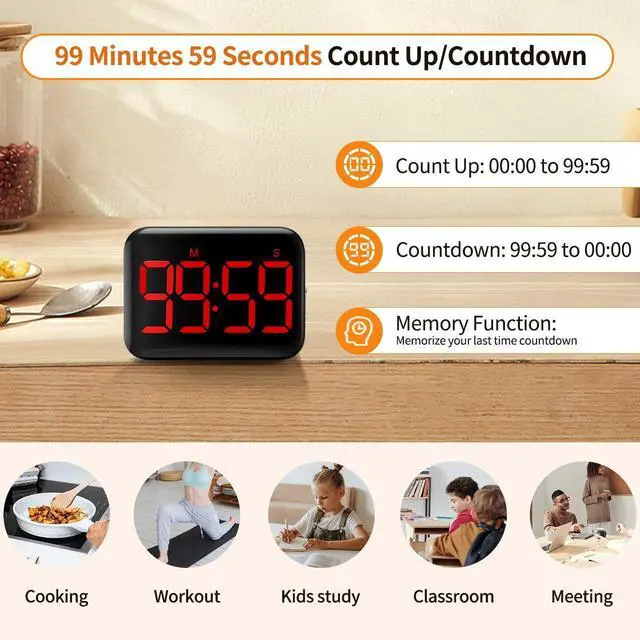 Alt view image 3 of 7 - Magnetic Kitchen Timer for Cooking with Count Up Countdown, Digital Timer Battery Powered with Large Display, 2 Brightness and Volume Levels for Classroom, Teacher, Kids (Red)