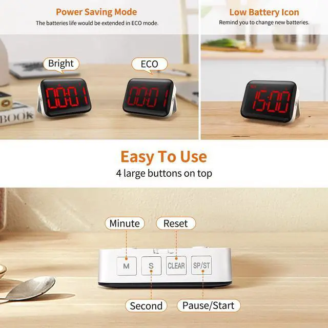 Alt view image 5 of 7 - Magnetic Kitchen Timer for Cooking with Count Up Countdown, Digital Timer Battery Powered with Large Display, 2 Brightness and Volume Levels for Classroom, Teacher, Kids (Red)