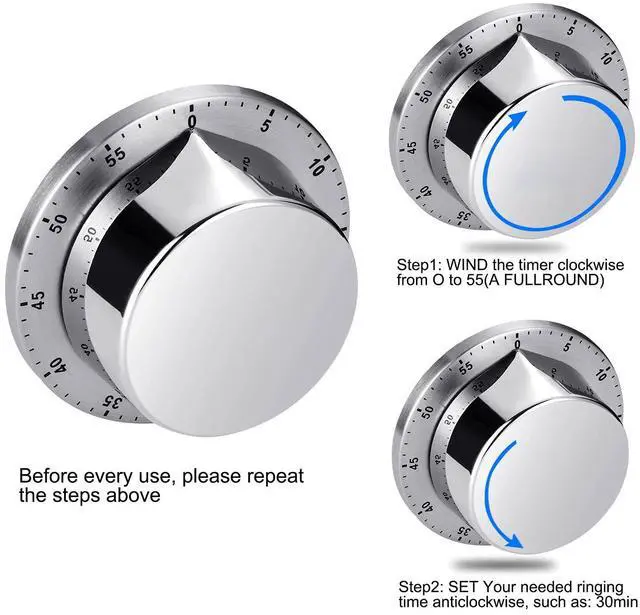 Alt view image 5 of 7 - Kitchen Timer, Chef Cooking Timer Clock with Loud Alarm, No Batteries Required, 100% Mechanical - Magnetic Backing, Exquisite Stainless Steel Body - Countdown Reminder - Silver 1Pack