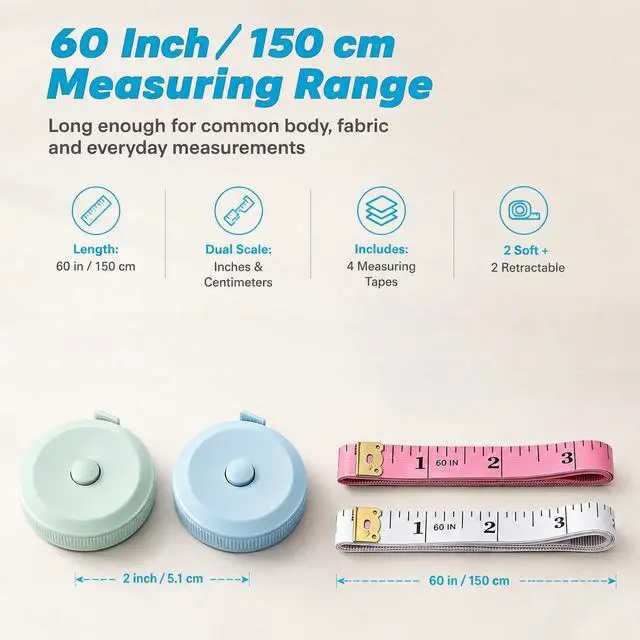 Alt view image 3 of 7 - Soft Measuring Tape 4 Pack, Body Tape Measure 60 Inch, Retractable Set | Body measuring tape for body measurements, sewing tape measure for cloth, dual scale inch and cm, retractable 60 inch